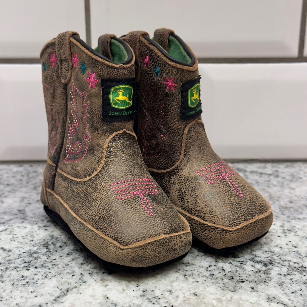 John Deere Baby Toddler Cowboy Boots Western Pink Embroidery Green Logo Size 2M